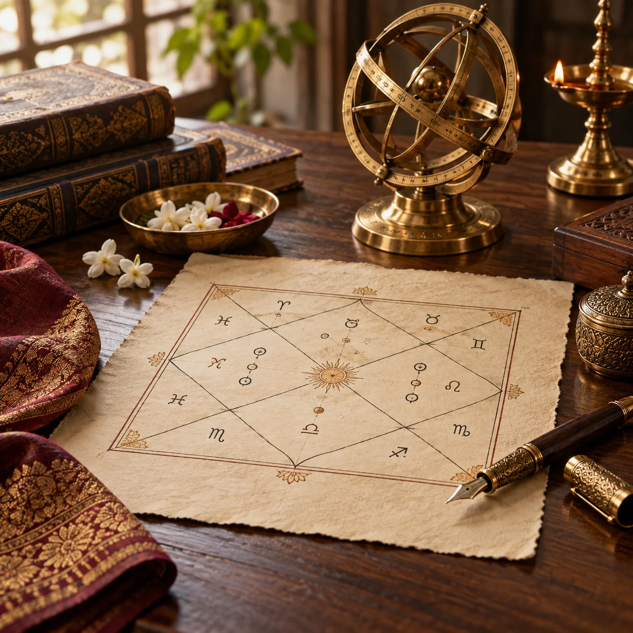 Illustrative still life of a birth chart and brass celestial instrument