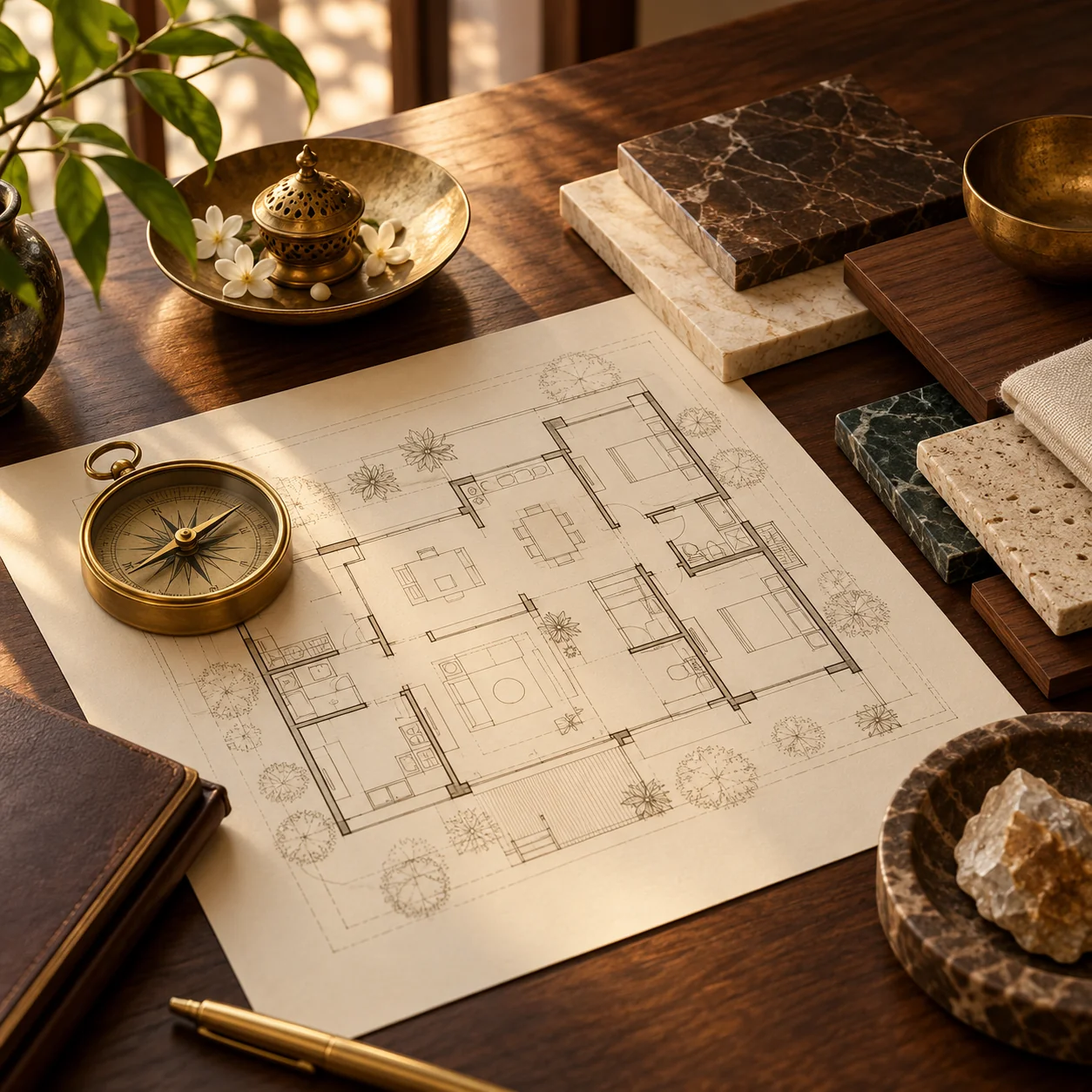 Illustrative floor plan, compass and material samples